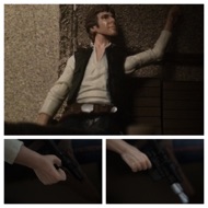 HAN: "I don't have it with me. Tell Jabba..." Han leans back and plays with the plaster on the wall with one hand, distracting Greedo from the fact he's taking his blaster out under the table with the other. #starwars #anhwt #toyshelf